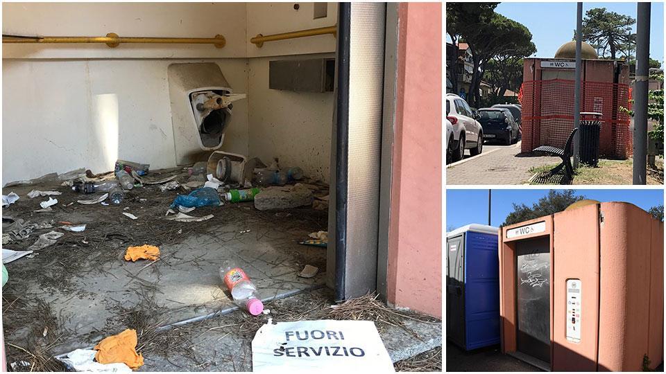 Il wc davanti alla palestra di Marina, quello di via del Tombolo e quello di piazza de’ Maria a marzo con accanto il wc chimico
