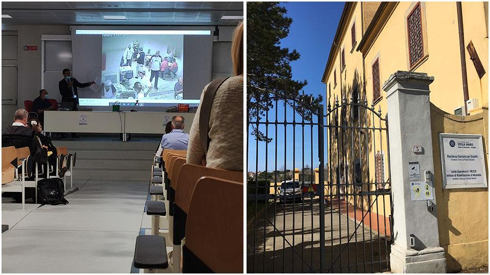 A sinistra un momento dell’udienza in aula con il pm Pelosi che illustra i video delle intercettazioni ambientali; a destra la struttura di Montalto di Fauglia