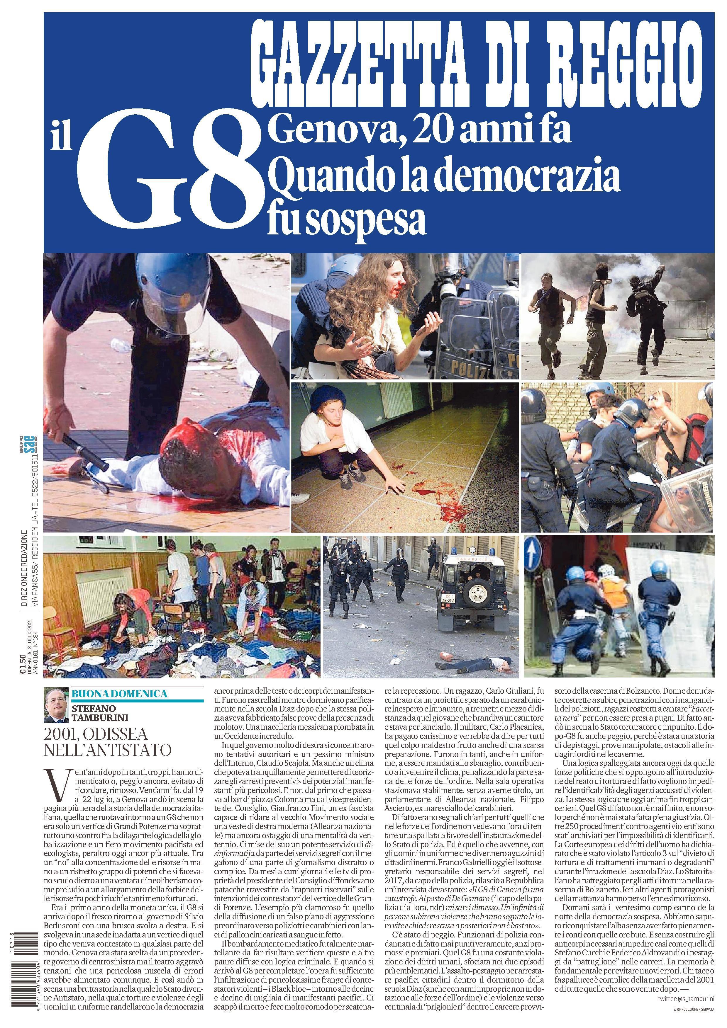 La sovracopertina dedicata al G8 di Genova della Gazzetta di Reggio