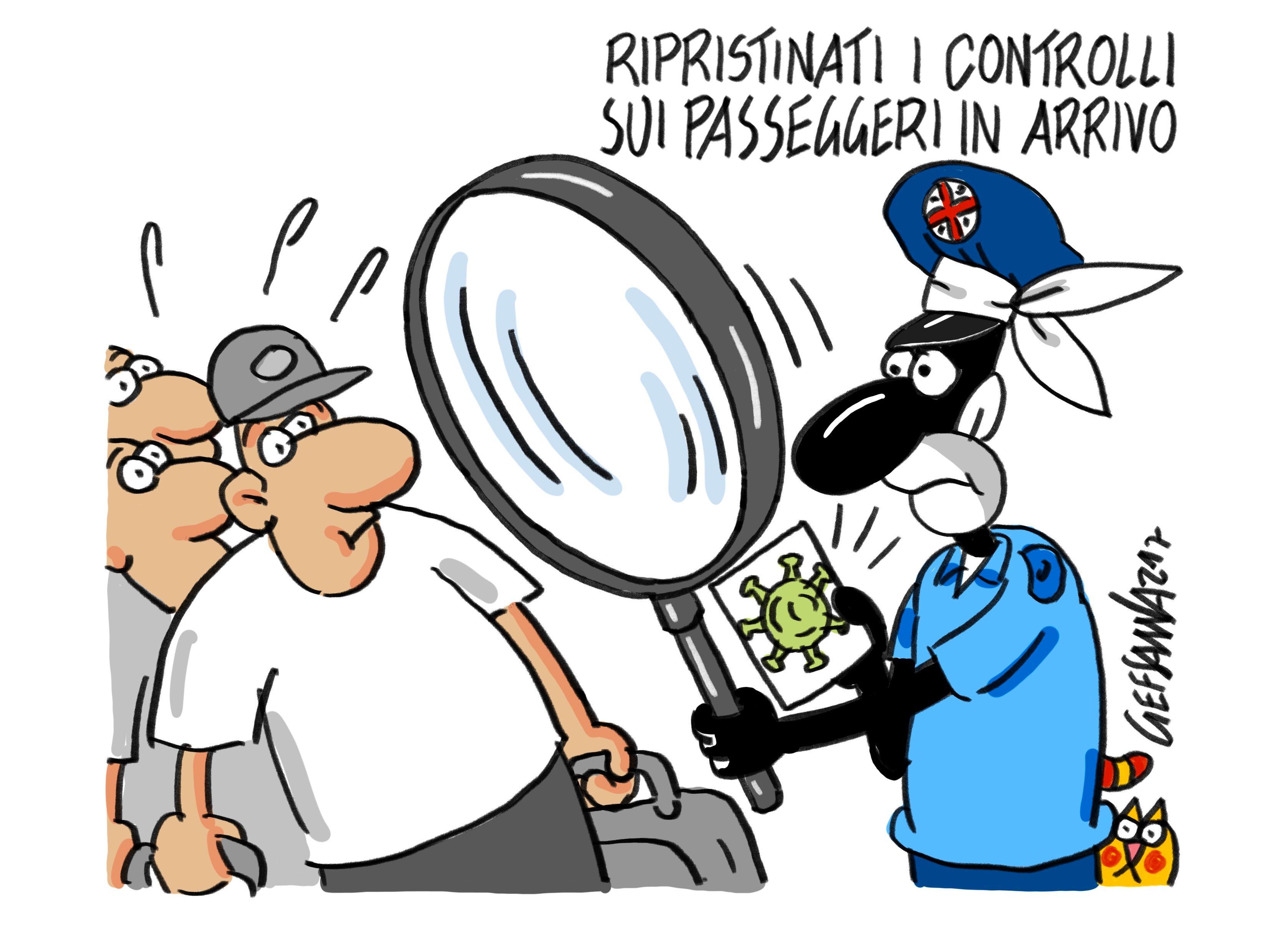 La vignetta di Gef: controlli dei passeggeri in arrivo, il provvedimento per ora è solo annunciato
