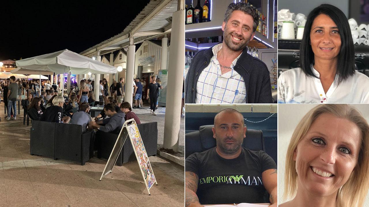 Uno scorcio serale in viale della Vittoria; nelle foto in alto a sinistra Gianni Vaccaro, bar Wimbi e Speranza Matteo, Gran Cafè; in basso a sinistra Ersilio Samperi, Dr. Drink e Francesca Maestrini, Il Barrino