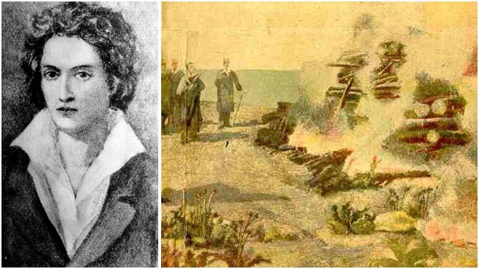 Un ritratto di Percy B. Shelley e una rappresentazione artistica del rogo del corpo di Shelley
