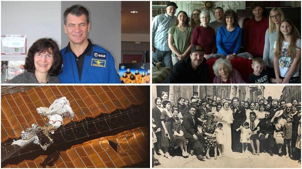 Annette Cardenti in una foto con l’astronauta Paolo Nespoli, con il quale ha collaborato negli anni del lavoro alla Lockheed, la riparazione dei pannelli solari in orbita nello spazio, la famiglia Cardenti durante la festa per i 100 anni compiuti da mamma Marina e iI matrimonio a Capoliveri tra Mansueto (Nino) e Marina Cardenti