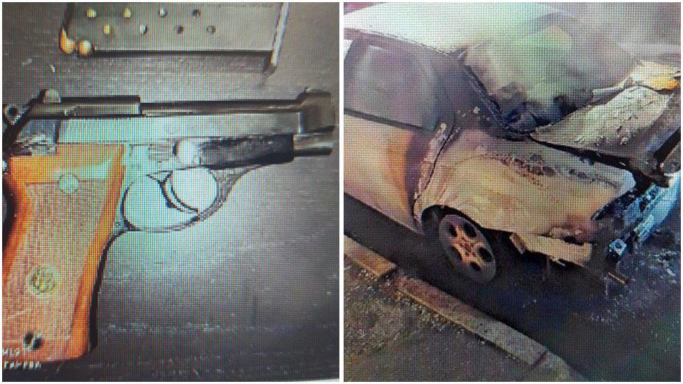 Una delle pistole sequestrate dai carabinieri e un’auto incendiata a Ponsacco a scopo intimidatorio nell’inchiesta “Doppio gioco”