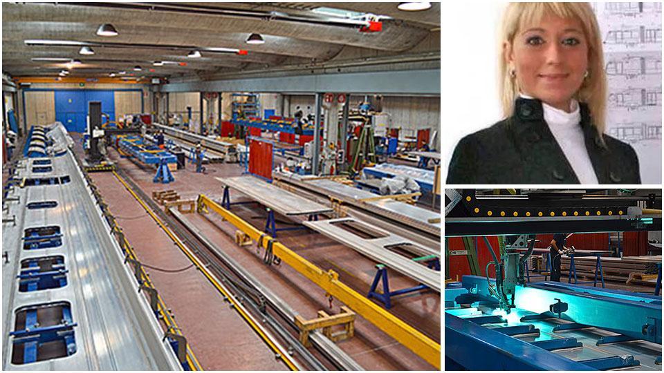 La lavorazione alla Rustici delle fiancate dei vagoni del treno Etr 1000 di Hitachi Rail, l’amministratrice unica Emanuela Galigani e un robot che effettua saldature su una delle linee produttive dell’azienda montalese