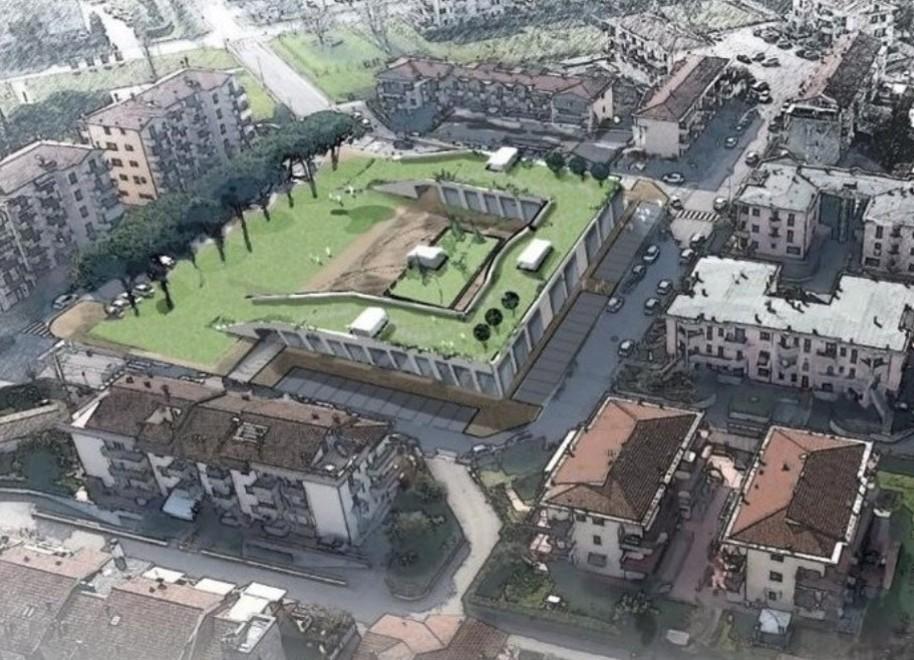 Il rendering del complesso di Ponte a Elsa dove è stata progettata un’area verde con parcheggio