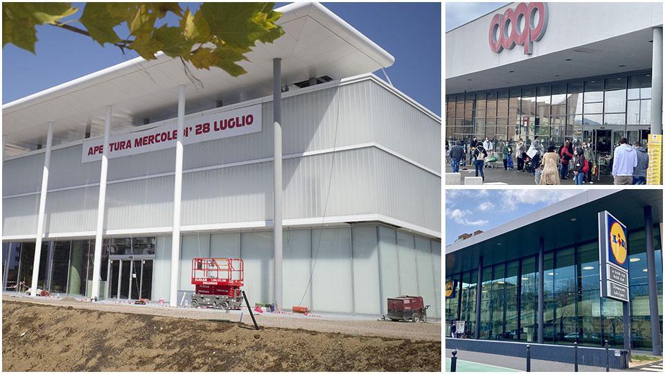 Gli ultimi preparativi in vista dellì’apertura dell’Esselunga sul viale Petrarca, in alto l’ingresso della Coop Levante e sotto la sede della Lidl in viale Nievo