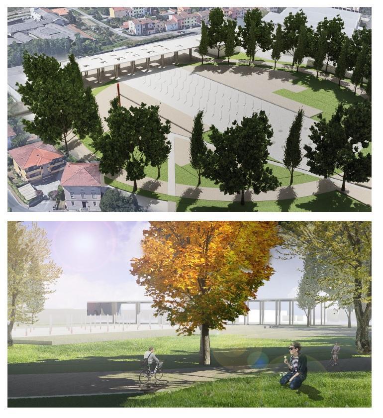 Il rendering che mostra come sarà il mercato ortofrutticolo di Pulia, a San Concordio: è prevista una piazza pubblica a verde per eventi e una parte che resterà comunque destinata al commercio