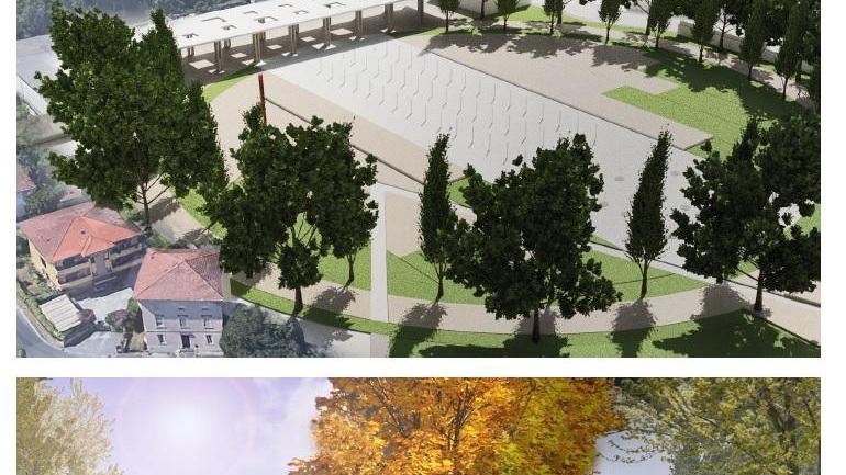 Il rendering che mostra come sarà il mercato ortofrutticolo di Pulia, a San Concordio: è prevista una piazza pubblica a verde per eventi e una parte che resterà comunque destinata al commercio