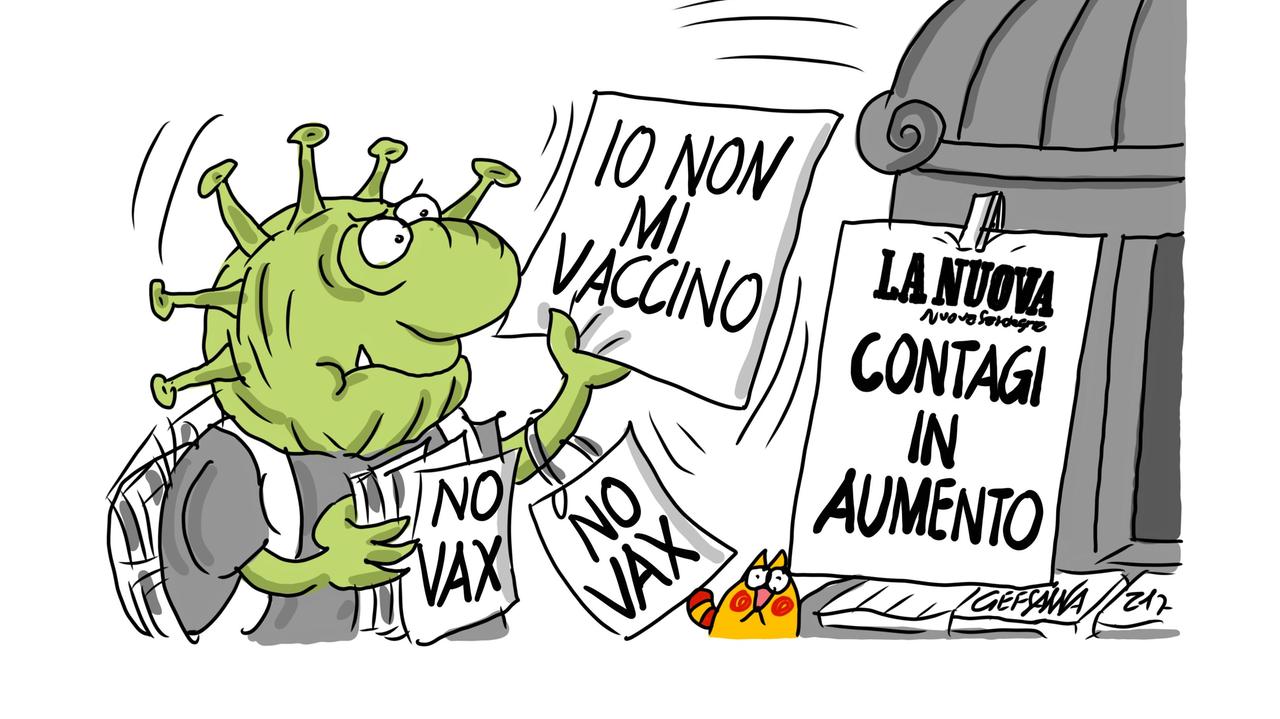 La vignetta di Gef: contagi in aumento ma i no vax continuano a manifestare