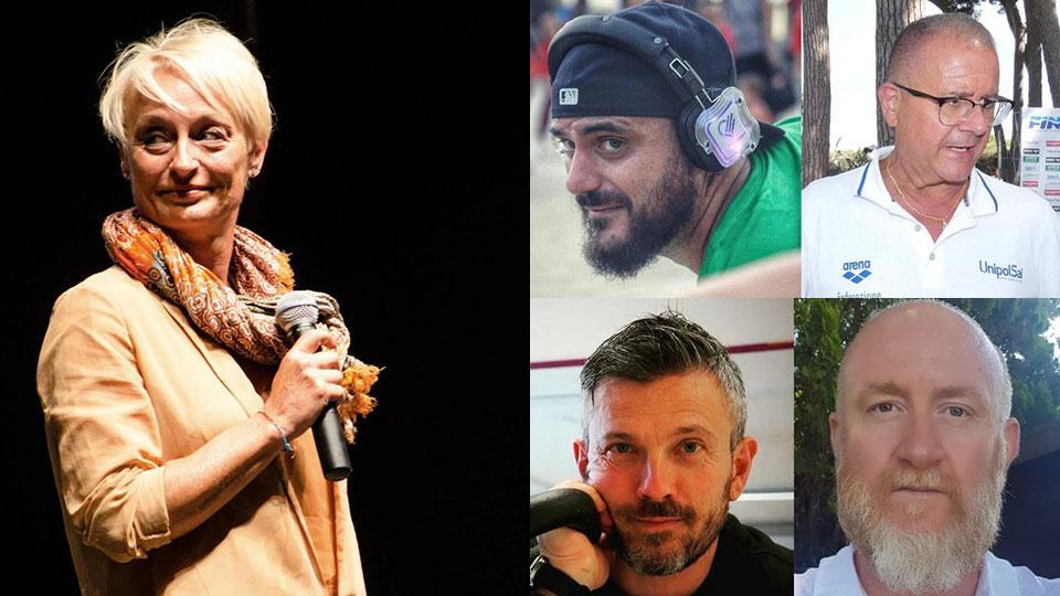 A sinistra Monica Guerrieri. A destra dall’alto in senso orario Alberto Mazzola, Massimo Giuliani, Stefano Stacchini e Mirko Grilli