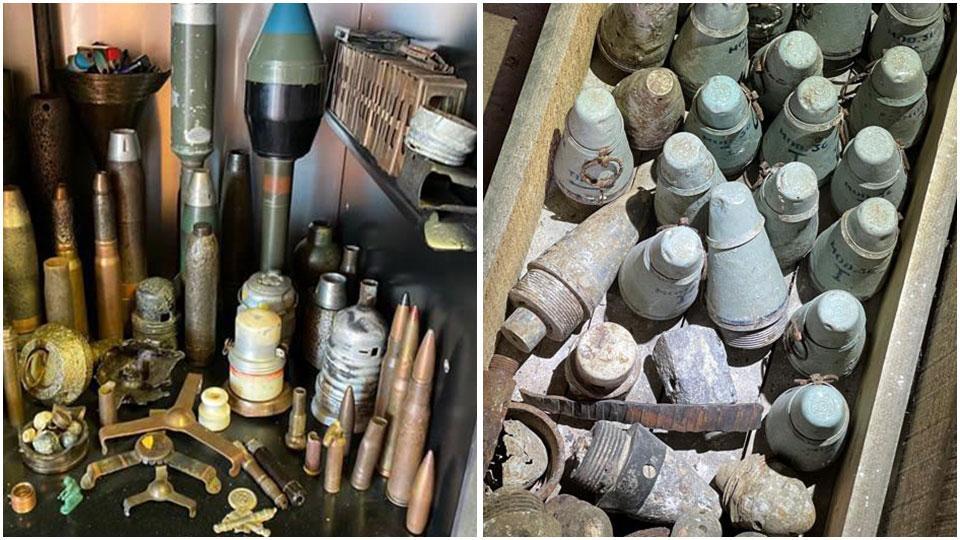 Parte del materiale sequestrato e alcuni residuati bellici trovati nel casolare
