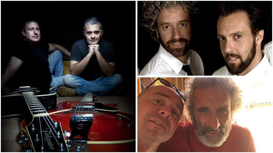Leonardi e Carboncini dei “30 Corde acustic duo”, sopra a destra Geppetti e Bosco; sotto Delfino e Bondi