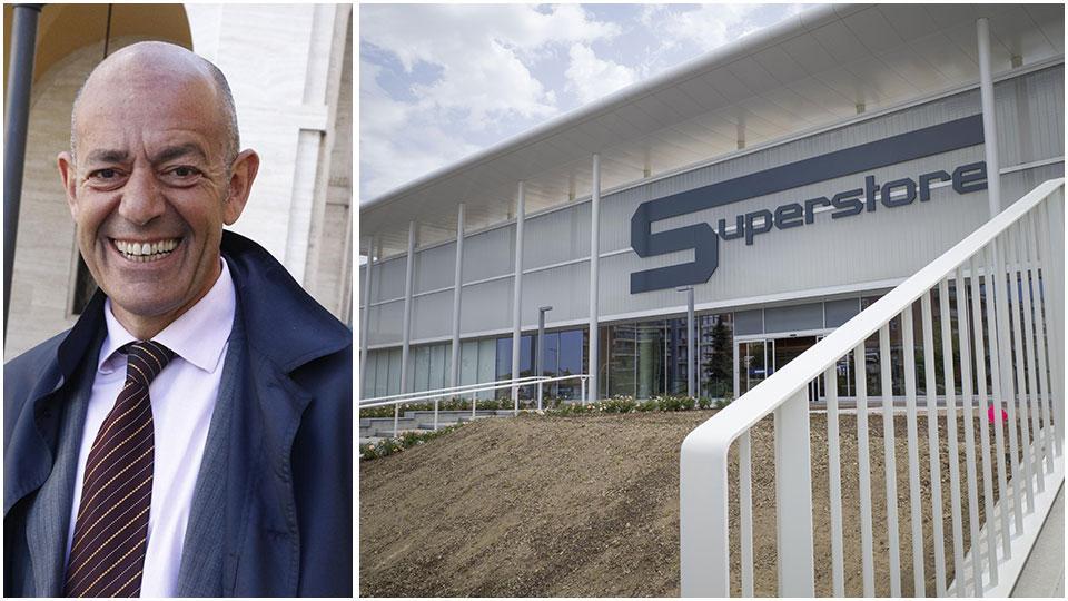 L’ingegner Roberto Canessa e, a fianco, il nuovo supermercato Esselunga di Viale Petrarca oggi prima dell’inaugurazione