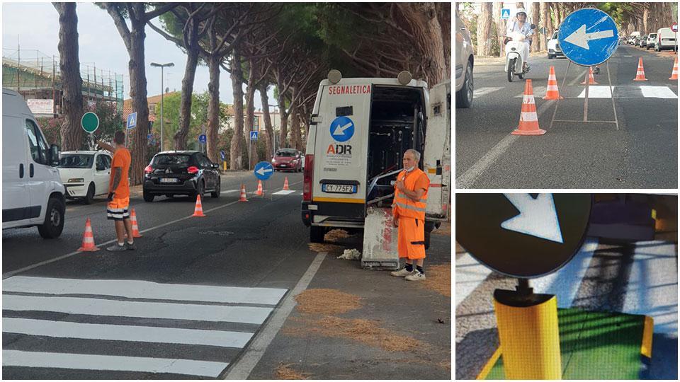 A sinistra e in alto i primi interventi sulle strisce del viale. In basso un esempio dell’isola spartitraffico scelta per il viale