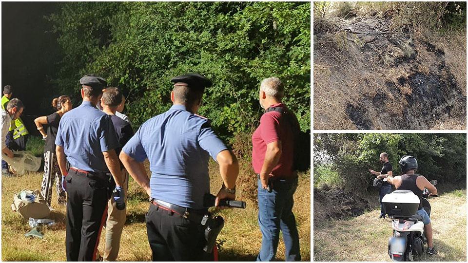 i carabinieri sul luogo dell’omicidio la sera stessa del ritrovamento del cadavere in mezzo ai campi, il terreno bruciato sotto l’uomo e i resti anneriti delle sterpaglie e un passante sui luoghi il giorno dopo