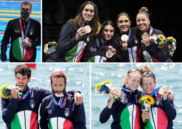 Da sinistra: Paltrinieri, il team di fioretto donne, Oppo e Ruda e Cesarini e Rodini, vincitrici del doppio pl nel canottaggio