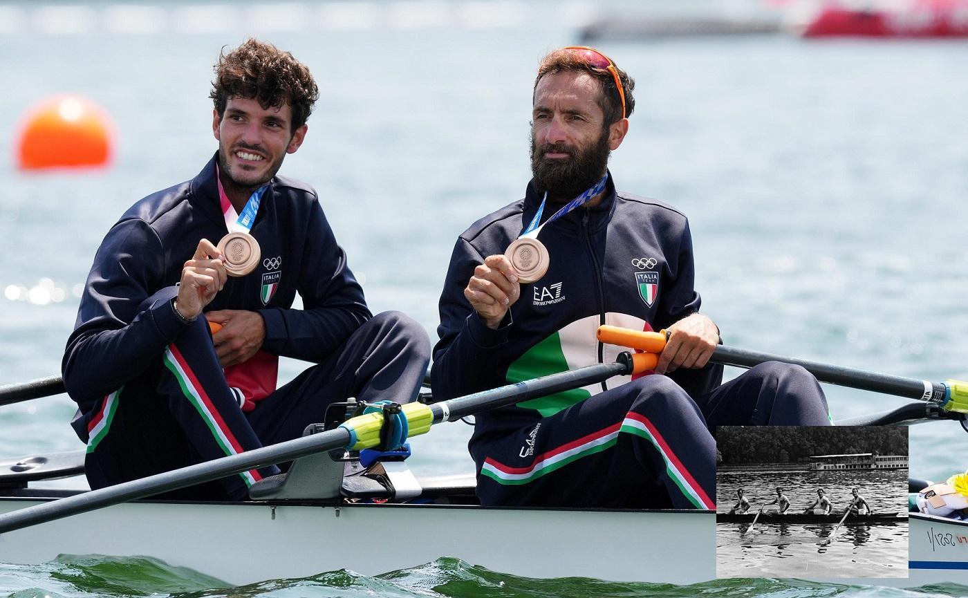 Oppo, a sinistra,  con Ruda e, nel riquadro il 4 senza, vincitore del bronzo nel 1932 con Cossu (il primo del quartetto)