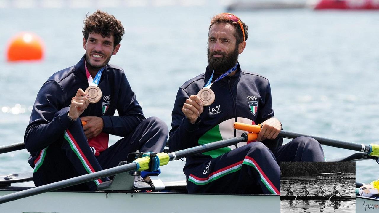 Oppo, a sinistra, con Ruda e, nel riquadro il 4 senza, vincitore del bronzo nel 1932 con Cossu (il primo del quartetto)