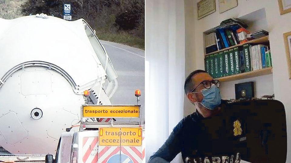 A sinistra  il servizio scorte di un trasporto eccezionale foto d’archivio,  la guardia di finanza che ha indagato