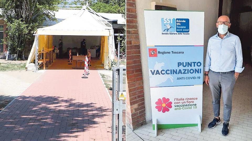 A sinistra l’ingresso del centro vaccinale del Terminetto; a destra Alessandro Campani, direttore della Zona distretto Versilia