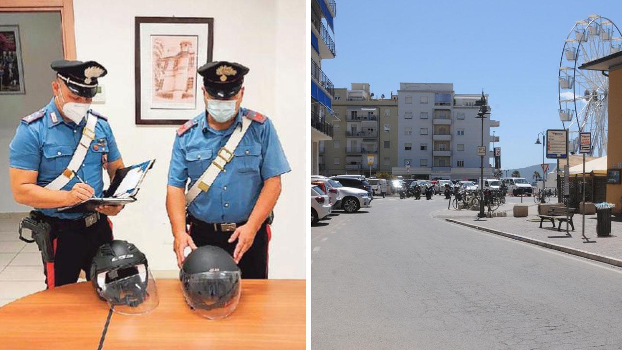 I caschi sequestrati dai carabiieri di Follonica e accanto via Zara una delle strade in cui si è verificato l'episodio (foto Giorgio)