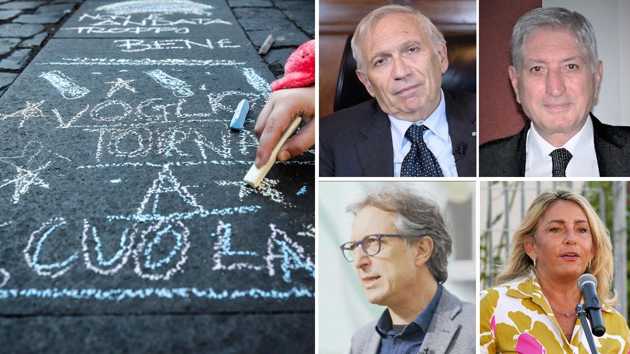 Una protesta contro la didattica a distanza. Nelle foto piccole in ordine da in alto a sinistra: Patrizio Bianchi, Paolino Marotta, Ludovico Arte e Cristina Grieco
