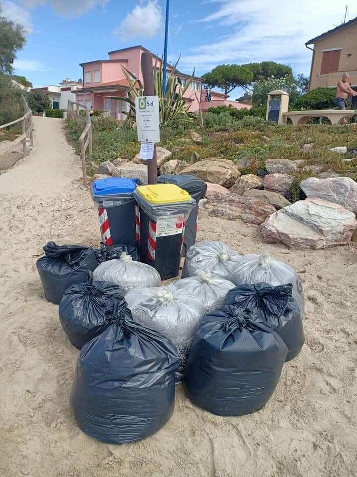 I sacchi con dentro l'alga posidonia sulla spiaggia di Pratoranieri