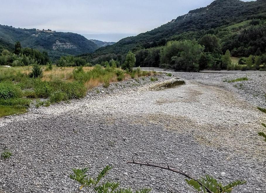 Il letto del torrente abbandonato dalle sue acque ridotte a qualche pozzanghera è una delle foto pubblicate sulla pagina Facebook “Amiamo la Val d’Enza” che hanno provocato il disappunto e il dispiacere di molti tra i commentatori