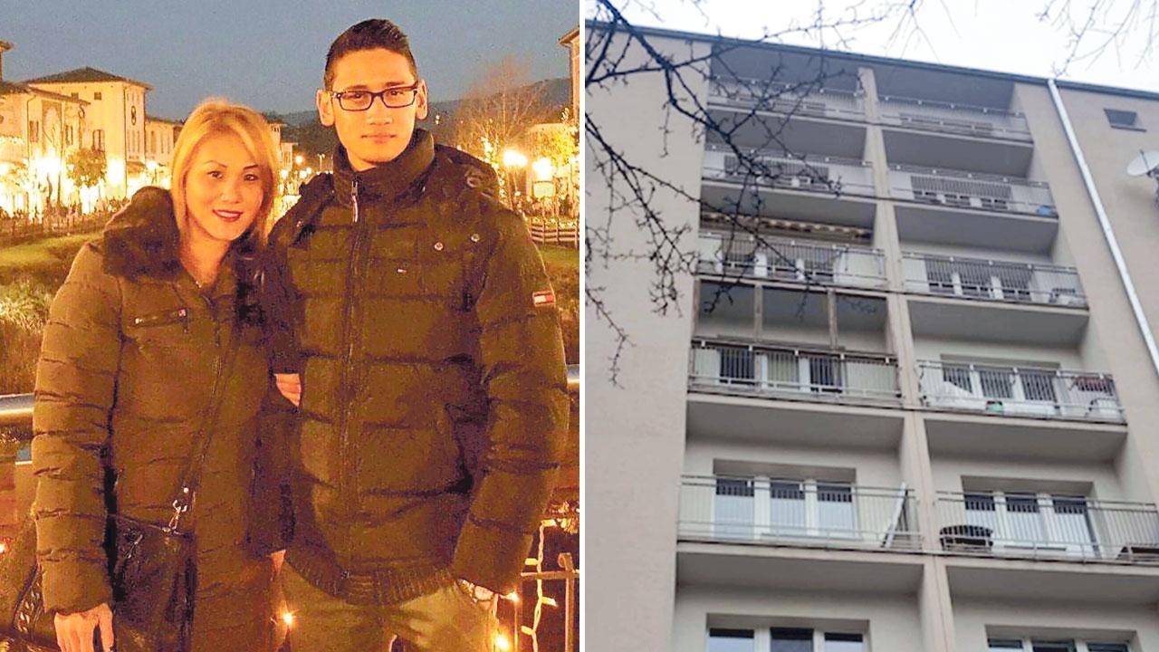 A sinistra Salvatore Cipolletti con la mamma Mary il 9 marzo 2019. Accanto la foto del palazzo a Varsavia da cui è precipetato dall'ultimo piano