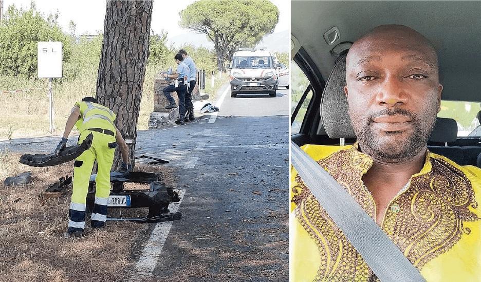 La rimozione di quello che è rimasto dello schianto mortale sull'Aurelia e, a destra, la vittima (foto Muzzi e Facebook)