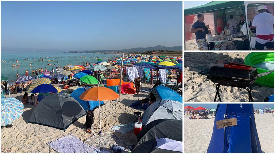 La Spiagge Bianche al Galafone fotografate nella giornata di Ferragosto, banchetto in spiaggia al Galafone, un barbecue sistemato sulla spiaggia e uno scorcio della tenda trasformata in cabina