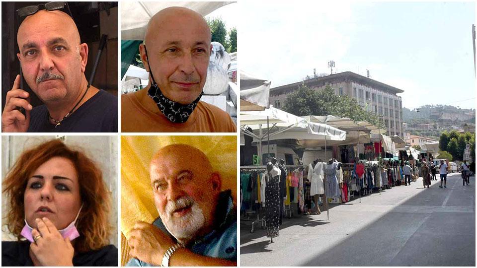 Nelle foto piccole dall’alto a sinistra, gli ambulanti Amedeo Guadagnucci, Pierluigi Coppedè, Paola Petracci e Tonino Bissola, nella fotografia più grande, una immagine di piazza Matteotti semi vuota durante il mercato, poco dopo mezzogiorno