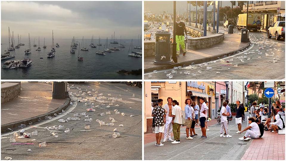 Una distesa di barche ormeggiate davanti a una costa dell’isola d’Elba, poi tre scatti a Marina di Campo dei gruppi di ragazzi all’Elba e delle bottiglie di plastica e bicchieri lasciati sul lungomare di Marina di Campo