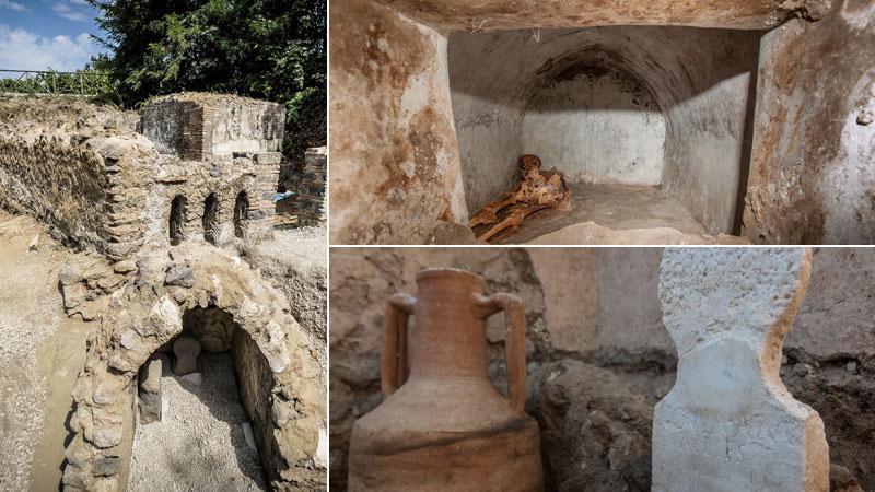 La tomba singola ritrovata nella zona Est dell’antica Pompei, la mummia nella tomba e vasellame e corredi trovati all’interno
