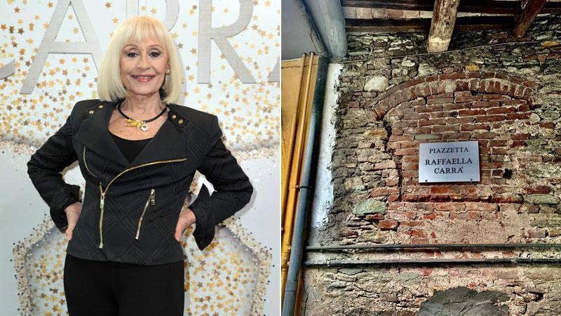 A sinistra Raffaella Carrà e accanto la targa affissa nella piazzetta di Forno che le è stata dedicata