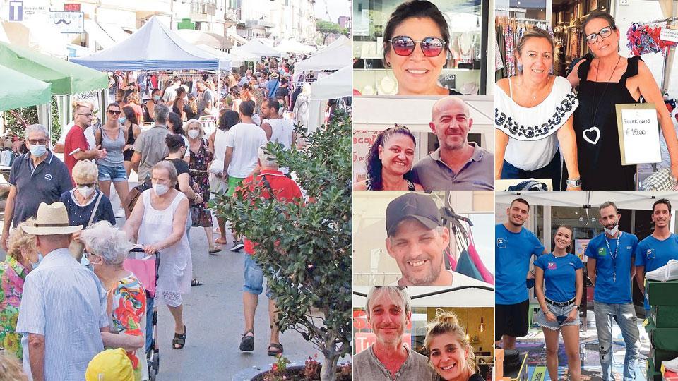 Corso Italia piena di gente per lo Sbaracco organizzato da Confesercenti; in alto Francesca Fattorini del negozio di parrucchiera Adriana; Gianluca Giomini e Licia D’Arienzo di Scarpe Diem 
Laklai Hicham del negozio di abbigliamento femminile “Chic”; Maurizio Allori e Francesca Falchi di Identikidz; Federico Bartoletti con i ragazzi dalla t-shirt azzurra di AW LAB, Elena e Roberta di Benetton Undercolors