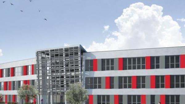 il rendering del nuovo edificio che ospiterà la scuola media Cino da Pistoia