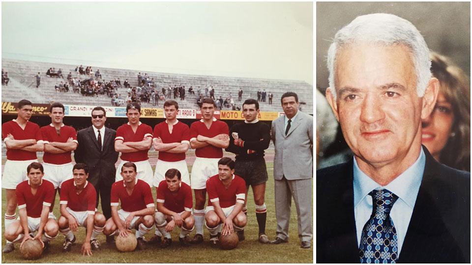 Lamberto Pazzi, secondo da sinistra in piedi, con la squadra biancorossa nei primi anni Sessanta e una foto recente di Lamberto