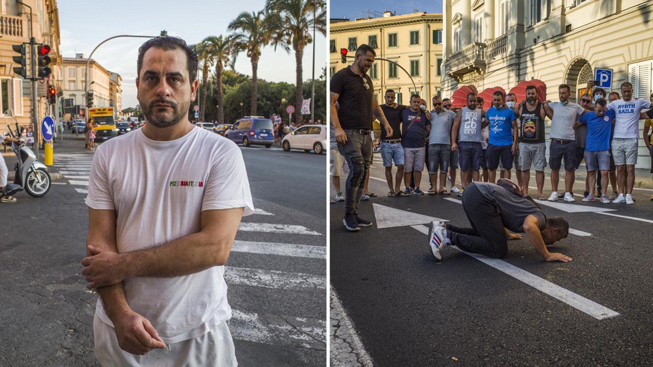 Agostino Guglietta, 42 anni, il ristoratore che stava attraversando la strada con Gazment. A destra  il bacio sull’asfalto di uno dei fratelli (foto Daniele Stefanini/Silvi)
