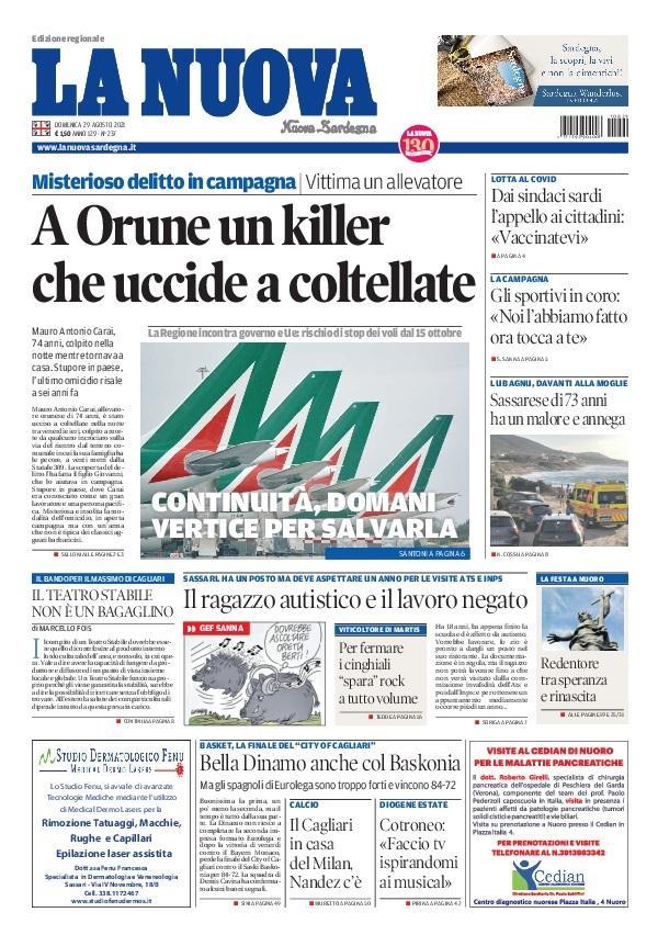 La Nuova Sardegna - Prima Pagina - 29 agosto 2021