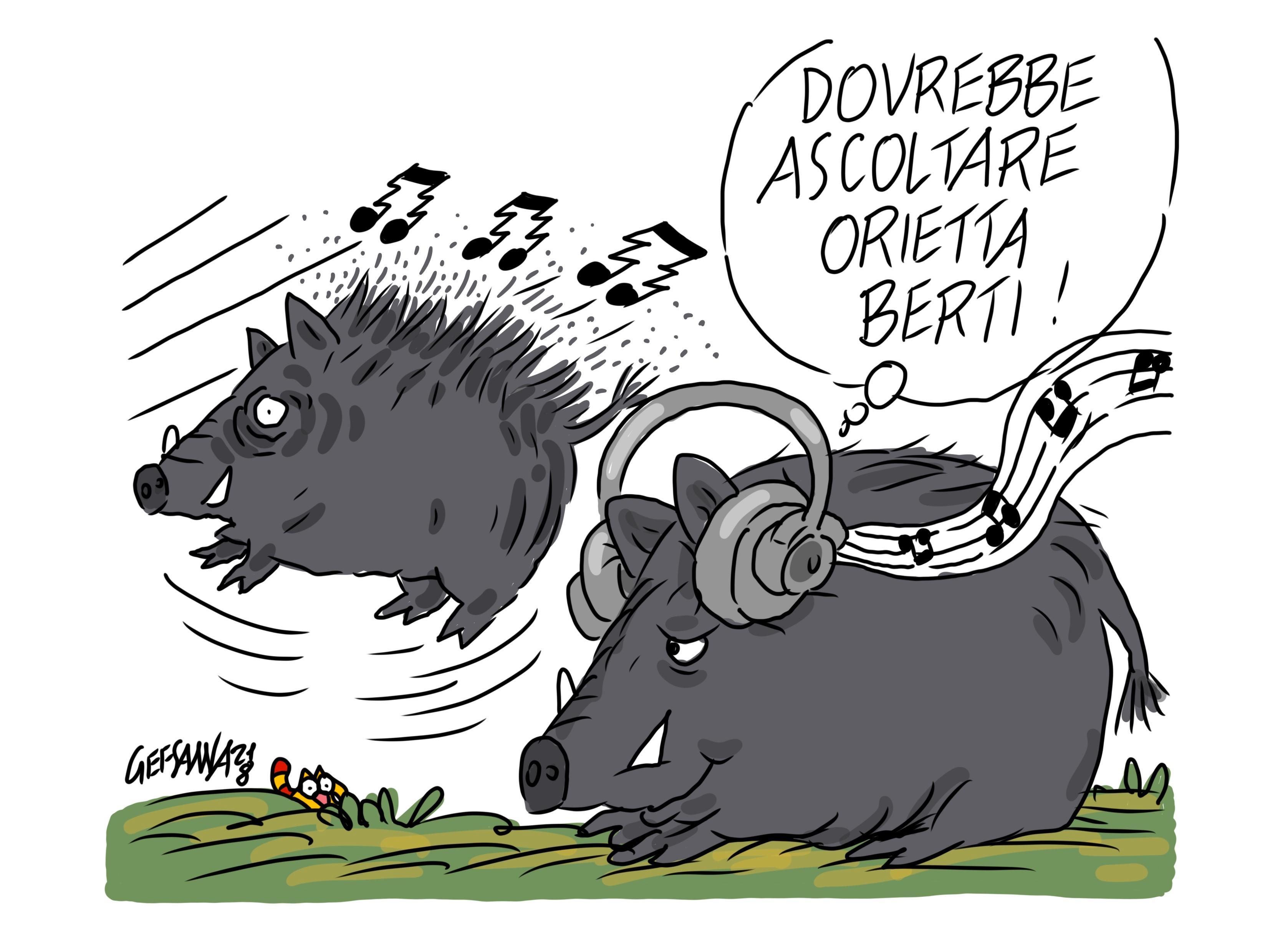 La vignetta di Gef: musica rock per fermare i cinghiali, la trovata di un viticoltore di Martis