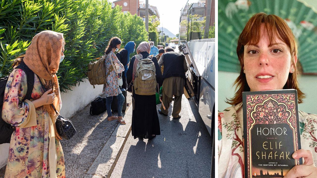 Da sinistra: l’arrivo delle profughe afghane a Montecatini, l’interprete Arianna Van der Meer