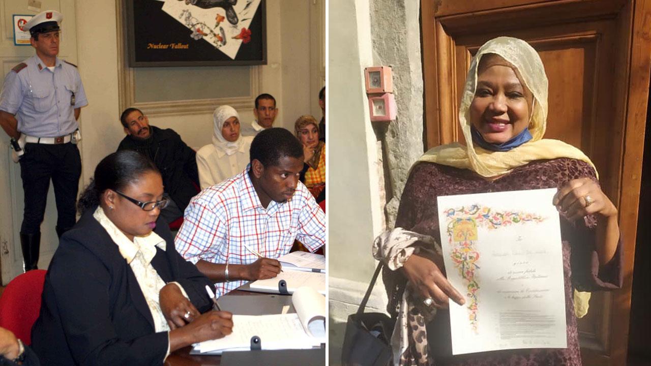 Nelle foto Fatou è in consiglio comunale, anni fa; accanto con il foglio che certifica la cittdinanza italiana