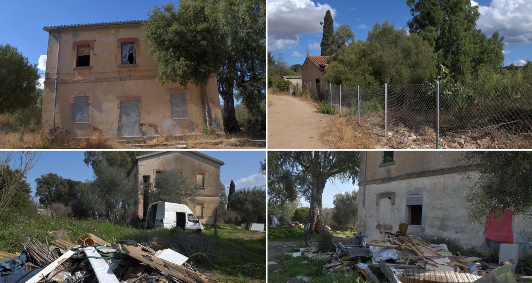 In alto l'ex stazione di Enas come appare oggi, sotto le condizioni della zona prima dell'esposto in Procura