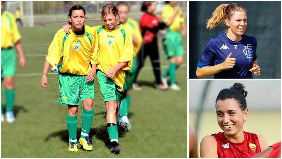 Lucia Di Guglielmo e Cecilia Prugna insieme da ragazzine e oggi: in alto a destra Cecilia, in basso Lucia