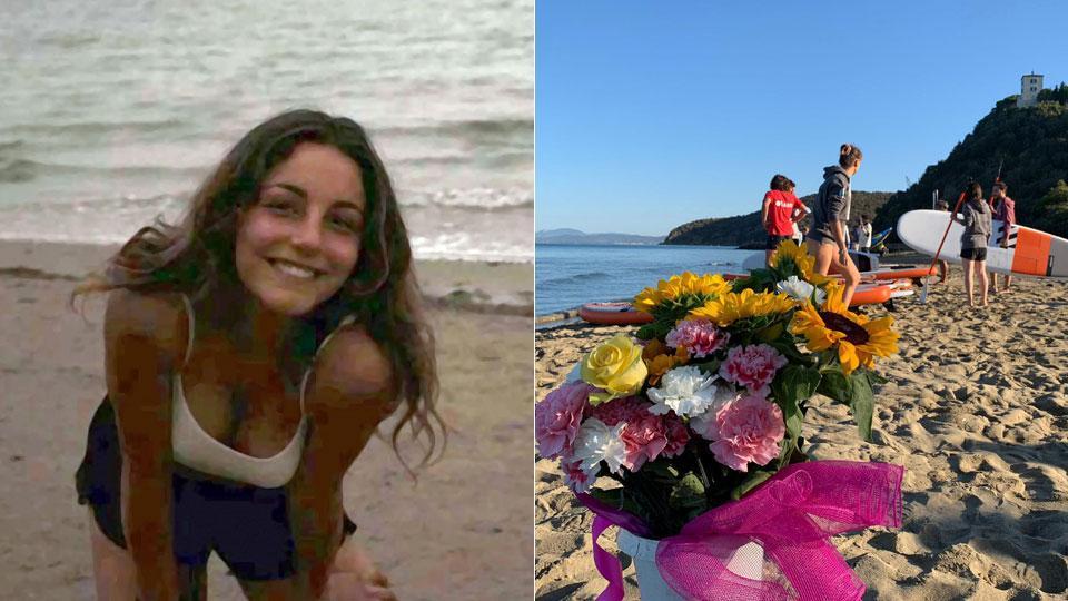 A sinistra Sara D'Apolito, morta a 19 anni in un incidente stradale a pochi chilometri da Scarlino; a destra la cerimonia in suo onore sulla spiaggia del Camping PuntAla, dove la giovane lavorava