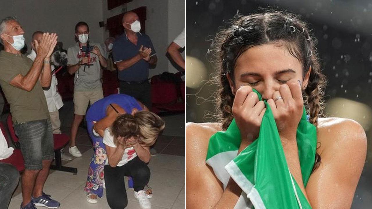 Ambra Sabatini dopo la vittoria e a destra la gioia di amici e familiari riuniti a Porto Ercole