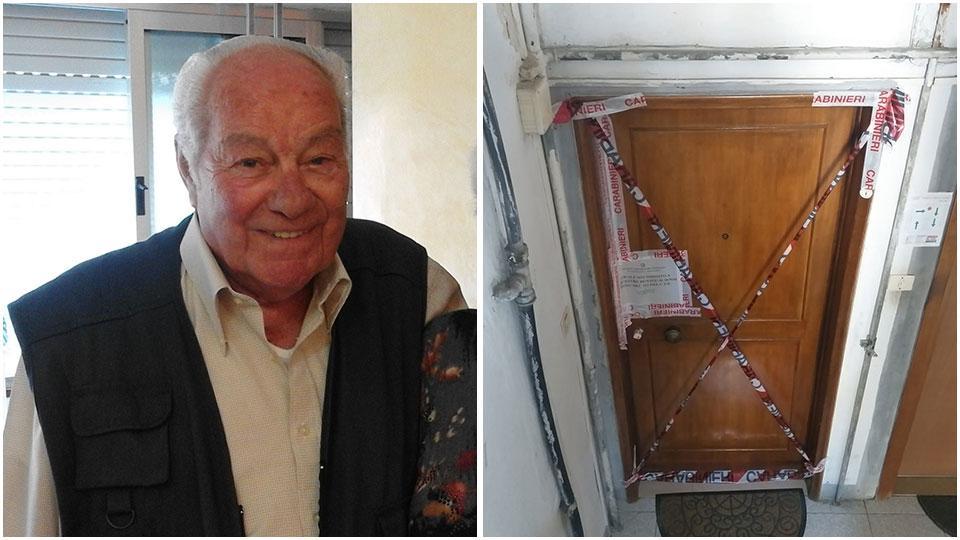 Nazzario Cerrai e la porta dell’appartamento sequestrato dai carabinieri del nucleo radiomobile