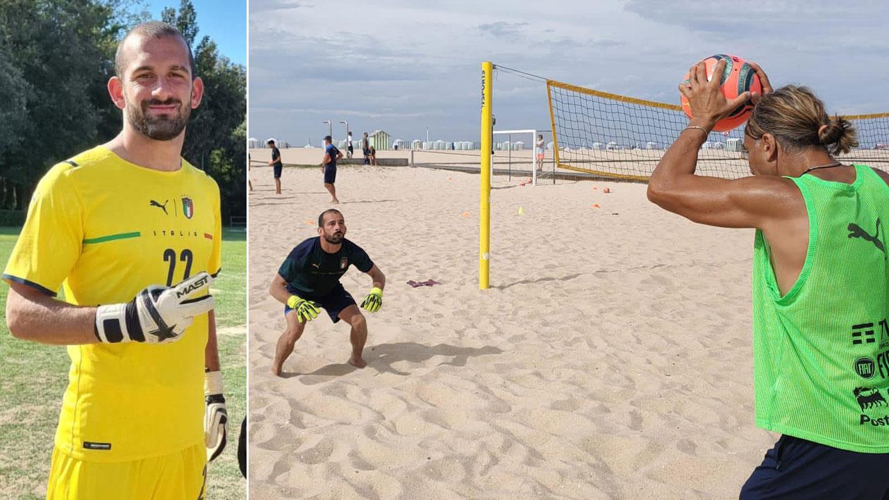 Nella foto a sinistra Leandro Casapieri, a destra il portiere Leandro Casapieri, estremo difensore del Pisa Beach Soccer, nel corso di un allenamento